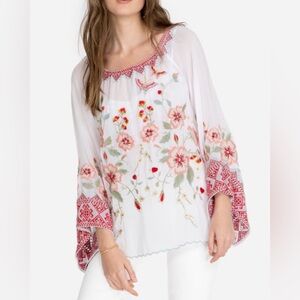 Johnny Was White Bell Sleeve floral embroidered Grace Silky Blouse